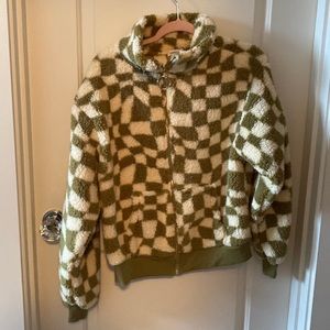 70s stylish cool checkered fuzzy jacket